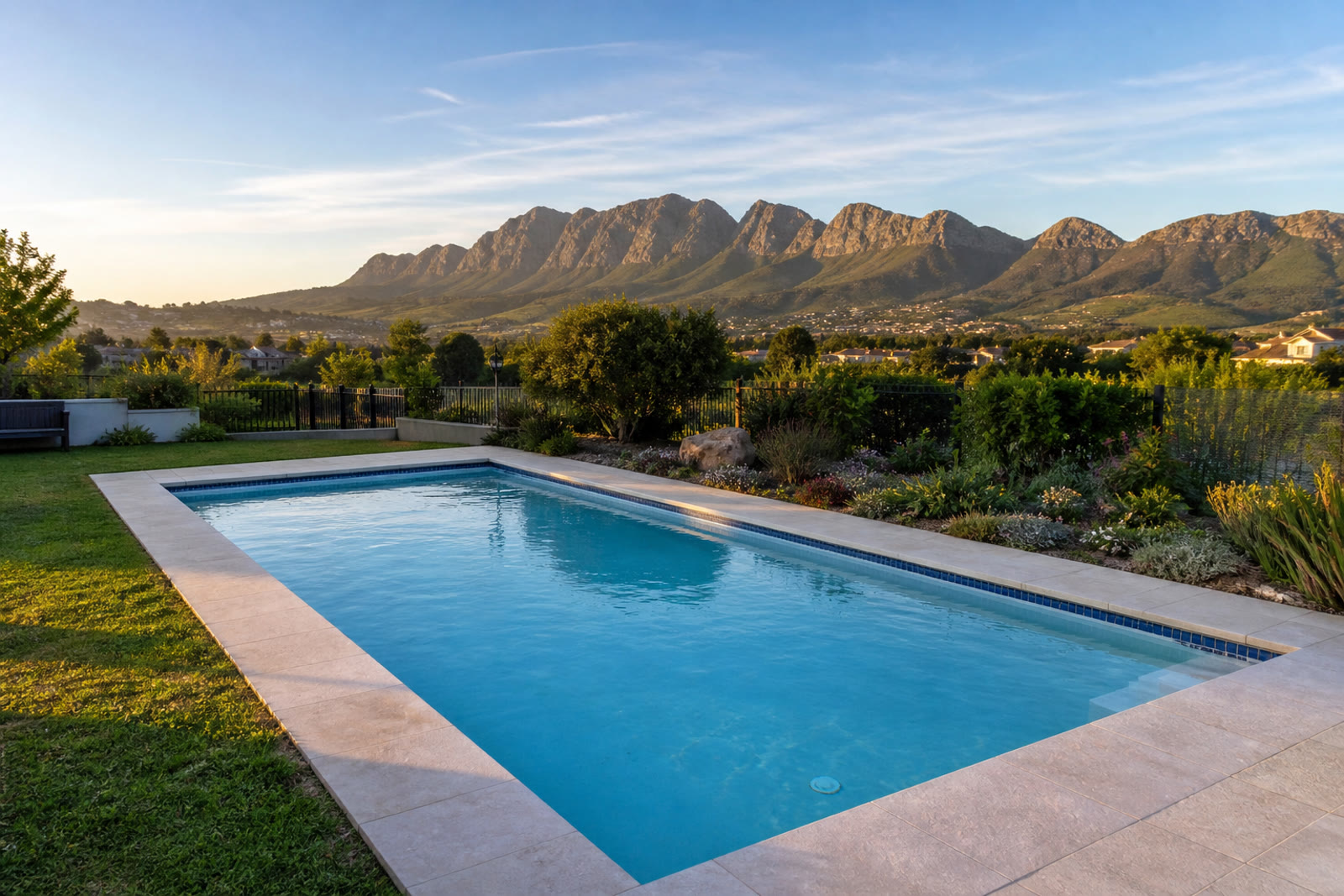 Finished rectangular pool in a Somerset West garden with the Helderberg mountains behind it