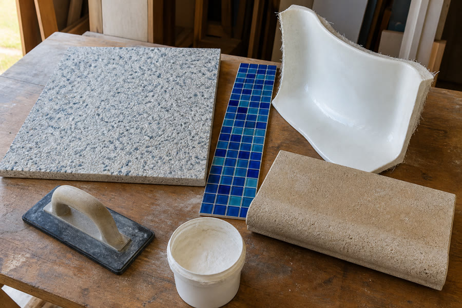 Pool finish samples: pebblecrete, mosaic waterline tiles, fibreglass and bullnose coping